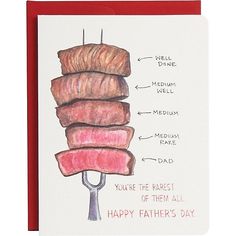 a card with a drawing of a stack of meat on top of a fork and the words happy father's day written below it