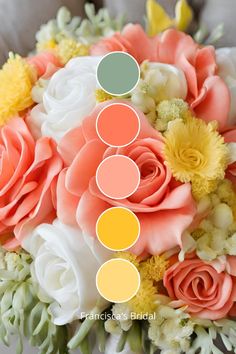 a bridal bouquet with peach, yellow and white flowers