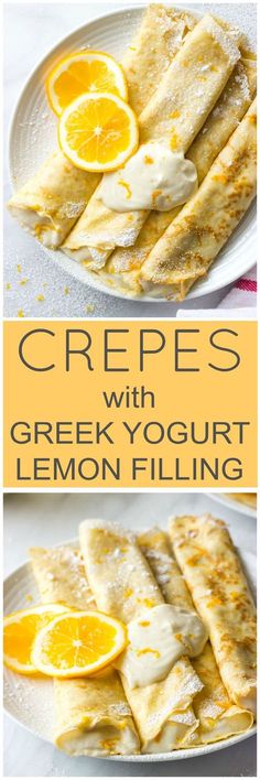 crepes with greek yogurt and lemon filling on a white plate next to an orange slice