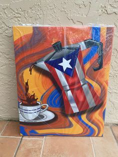 a painting of a coffee pot with a flag on it and a cup of coffee