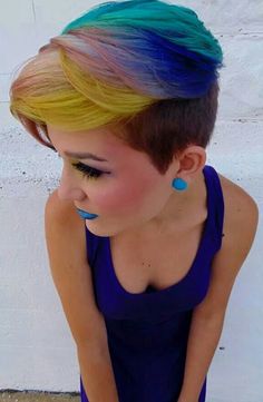 Short rainbow dyed hair Rainbow Dyed Hair, Rainbow Hair Color, Funky Hairstyles, Yellow Hair, Rainbow Hair