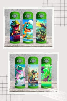 three different types of children's water bottles with pictures of dinosaurs on the front and back