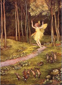 a painting of a fairy in the woods with animals around her and an angel above her