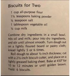 the instructions for how to make biscuits for two are shown in this book