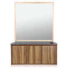 a mirror sitting on top of a wooden cabinet