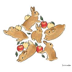 an image of rabbits and apples in the shape of a star