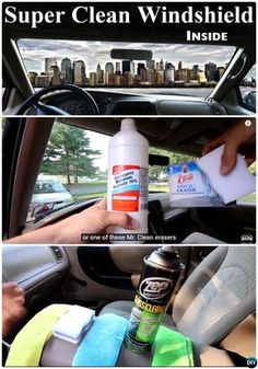 the inside of a car is shown with pictures and instructions on how to clean windshield