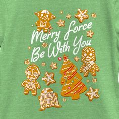 a green t - shirt that says merry force be with you surrounded by gingers and snowflakes