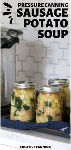 three jars filled with food sitting on top of a stove