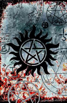 the pentagramus symbol is surrounded by other symbols and symbols on a grungy background