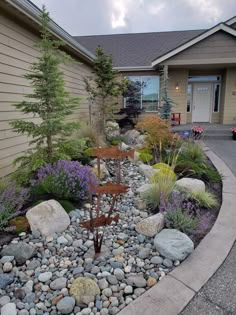 a garden with rocks and plants in front of a house