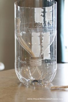 a clear glass container sitting on top of a table next to a pair of scissors