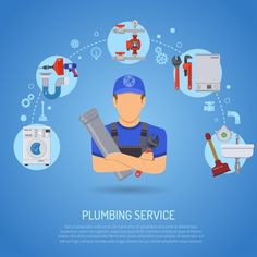 plumber with tools in his hands and icons around him - miscellaneous objects / characters