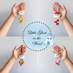 four different images of hands holding small items in each hand, with the words little ghost in the wind above them