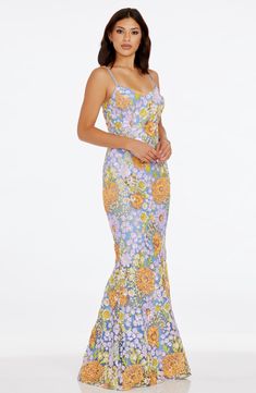 Sequins cast in pastel hues make this floor-sweeping sleeveless gown with a classic mermaid silhouette shimmer with every step you take. 60 1/4" length Hidden back-zip closure V-neck Adjustable straps Lined 100% polyester Hand wash, dry flat Imported Embroidered Prom Dress, Lavender Maxi Dress, Gown Gold, Multicolor Sequins, Sheath Gown, Sleeveless Gown, Mermaid Silhouette, Mermaid Gown, Dress The Population