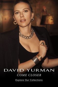 a woman in a black dress and gold jewelry is posing for the cover of david yurman's new book, come closer explore our collections