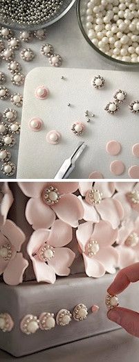 there are two pictures with pearls and flowers on the top one is being cut into smaller pieces