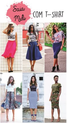 Saia midi com t-shirt Mais Rok Midi, Long Skirt Fashion, Spring Summer Outfits, Outfits Casuales, Modest Outfits, Moda Fashion, Skirt Outfits, Look Fashion, Skirt Fashion