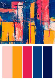 an abstract painting in shades of blue, yellow and pink with the color red on it