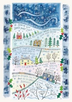 a christmas card with the words, joy to the world and snow covered trees on it