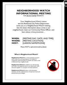 a flyer for the neighborhood watch information meeting