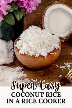 The EASIEST Coconut Rice in a rice cooker recipe! So easy to make with simple pantry ingredients, including tons of coconut. It’s the perfect side dish to add to any weeknight meal.  Make sure to save this recipe so you can always find it quickly! Pantry Ingredients