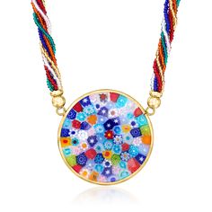 Ross-Simons - Italian Multicolored Murano Glass Millefiori Multi-Strand Pendant Necklace, Gold Over Sterling. 18". A colorful expression of Italian craftsmanship, this multicolored Murano glass circle pendant showcases a stunning floral-inspired mosaic created using the famous millefiori technique. Stationed on multiple twisted beaded strands and finishes with 18kt yellow gold over sterling silver lobster clasp, spacer beads and a 2" extender. Made in Italy. Murano glass is unique and will vary. Glass Circle, Murano Glass Necklaces, Murano Glass Jewelry, Italian Craftsmanship, Jewelry Essentials, Timeless Jewelry, Multi Strand Necklace, Circle Pendant, Fine Jewellery Necklace