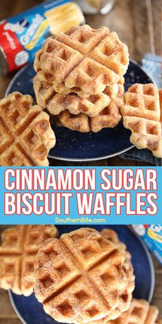 cinnamon sugar biscuit waffles on a blue plate