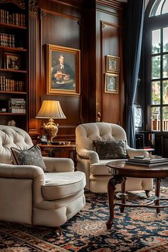 a living room with two chairs and a table in front of a book shelf filled with books