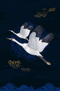 two white birds flying in the sky with clouds