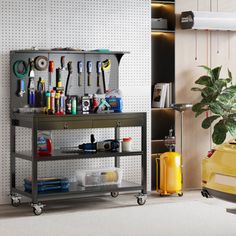 a car is parked in the garage with tools on it