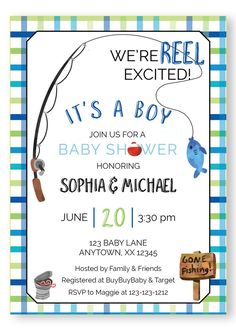 Fishing Baby shower Co-ed Baby shower Invitation, Fishing invitations Fishing Baby Shower Invitations, Fish Baby Shower Ideas, Fishing Baby Shower Theme, Baby Shower Fishing, Baby Boy Themes, Baby Fish, Fishing Party, Coed Baby Shower, Boy Fishing