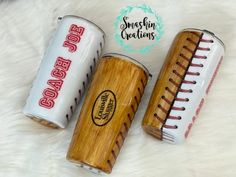 three wooden lighters sitting next to each other on a white furnishing area