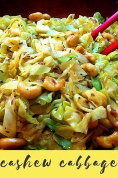 cabbage and cashew cabbage salad with red chopsticks