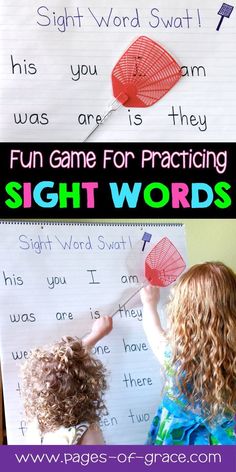 two children are writing sight words in front of a poster with the words sight words on it