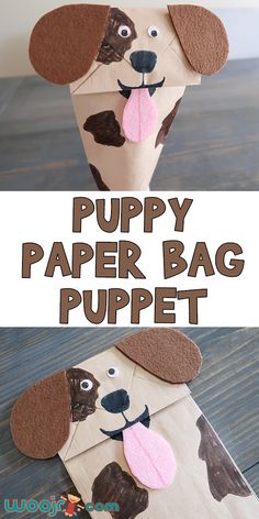 a paper bag with a dog face on it and the words puppy paper bag puppett