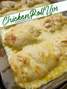 baked chicken rolls in a casserole dish with cheese