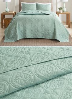 two pictures of a bed with green sheets and pillows on it, one is made in the same color as the rest of the bedspread