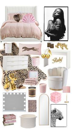 a collage of pink, gold and white items including a bed, chair, mirror, lamp, leopard print rug, wall hanging on the wall