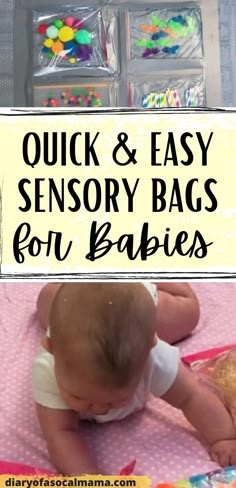 a baby laying on top of a pink blanket next to an open plastic bag with the words quick and easy sensory bags for babies