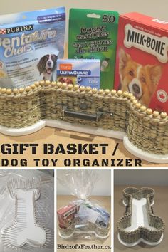 dog toy organizer made out of dollar bills and other items for the gift basket / doggy toy organizer