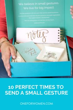 a blue box with writing on it and the words, 10 perfect times to send a small gesture