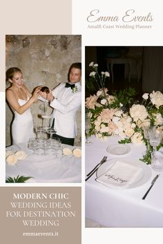 a couple getting married in front of a table with flowers and wine glasses on it