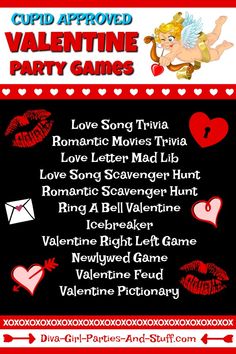 valentine party games for kids with cupid approved names and pictures on the front cover