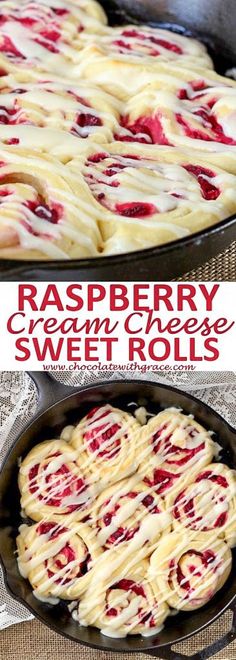 raspberry cream cheese sweet rolls in a cast iron skillet