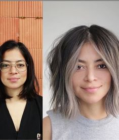 Short Hair Balayage Asian Straight, Short Hair Ashy Balayage, Brown And Silver Hair Short, Gray Hair Balayage Brunettes, Short Ashy Brown Hair Bob, Short Hair Partial Balayage, Ashy Grey Balayage Brunette, Ashy Gray Hair, Ashy Blonde Bob