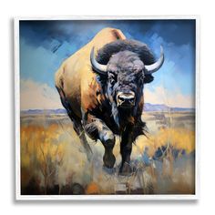 an oil painting of a bison running through a field