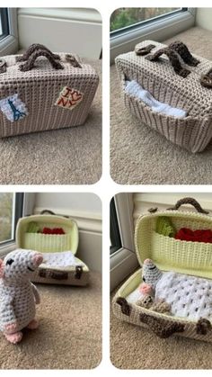 four pictures show the inside of a crocheted suitcase, including an elephant and other items