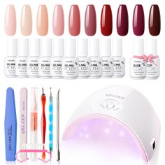 PRICES MAY VARY. 💅VALUABLE GEL POLISH STARTER KIT: 10 well-chosen color gel polish+36w nail lamp+no wipe base/top coat+efficient manicure tools+10 transparent color cards. Gellen salon-quality color gel polishes and manicure tools can helps you make salon quality nails easily, great for nail art fans and nail beginners. This all-in-one nail polish starter kit totally is the ideal gift for women. 💅ROMANTIC RED COLOR: This 10 colors gel nail polish set has girly pink, charming deep red, burgundy Nail Beginners, Winter Gel Nails, Diy Gel Manicure, Diy Nail Art Tools, Cuticle Oil Pen, Nude Nail Polish, Manicure Gel, Gel Nail Kit, Nail Polish Kits