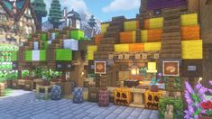 an image of a minecraft village with lots of plants